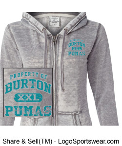 J. America Ladies Zen Fleece Premium Hooded Sweatshirt, Property of Burton Pumas Distressed  Graphic Design Zoom